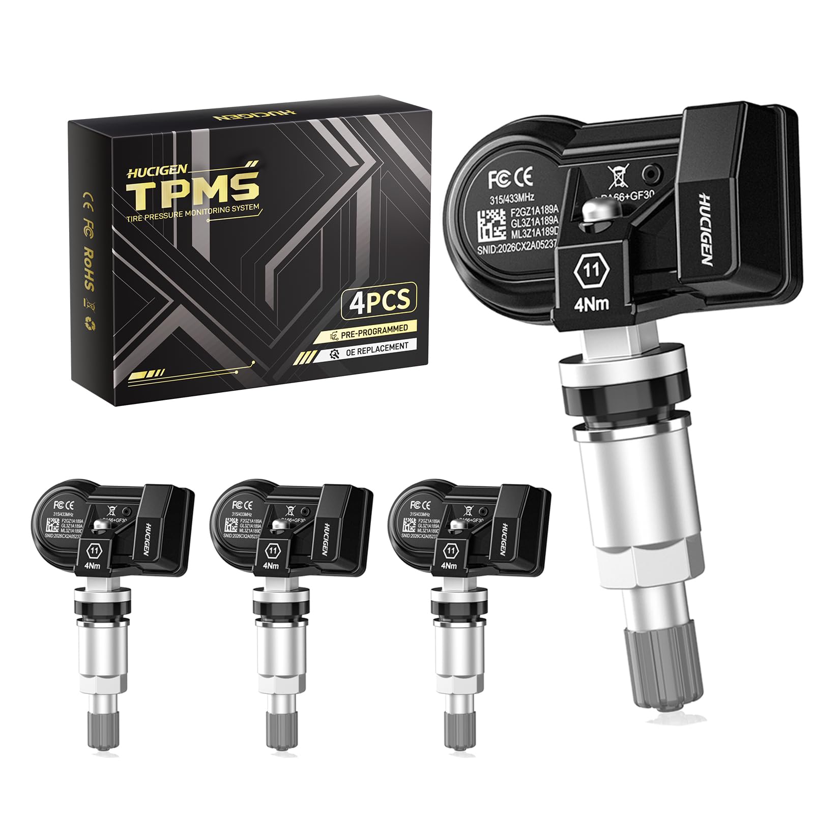 Hucigen front packaging showing four TPMS sensors and model fit list, clear compatibility benefit