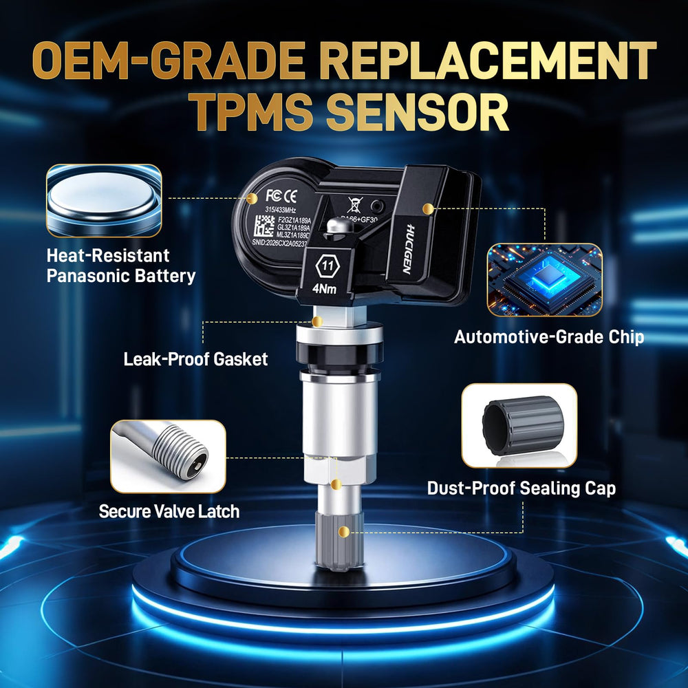 Hucigen kit contents with four sensors laid out, complete four-wheel replacement benefit