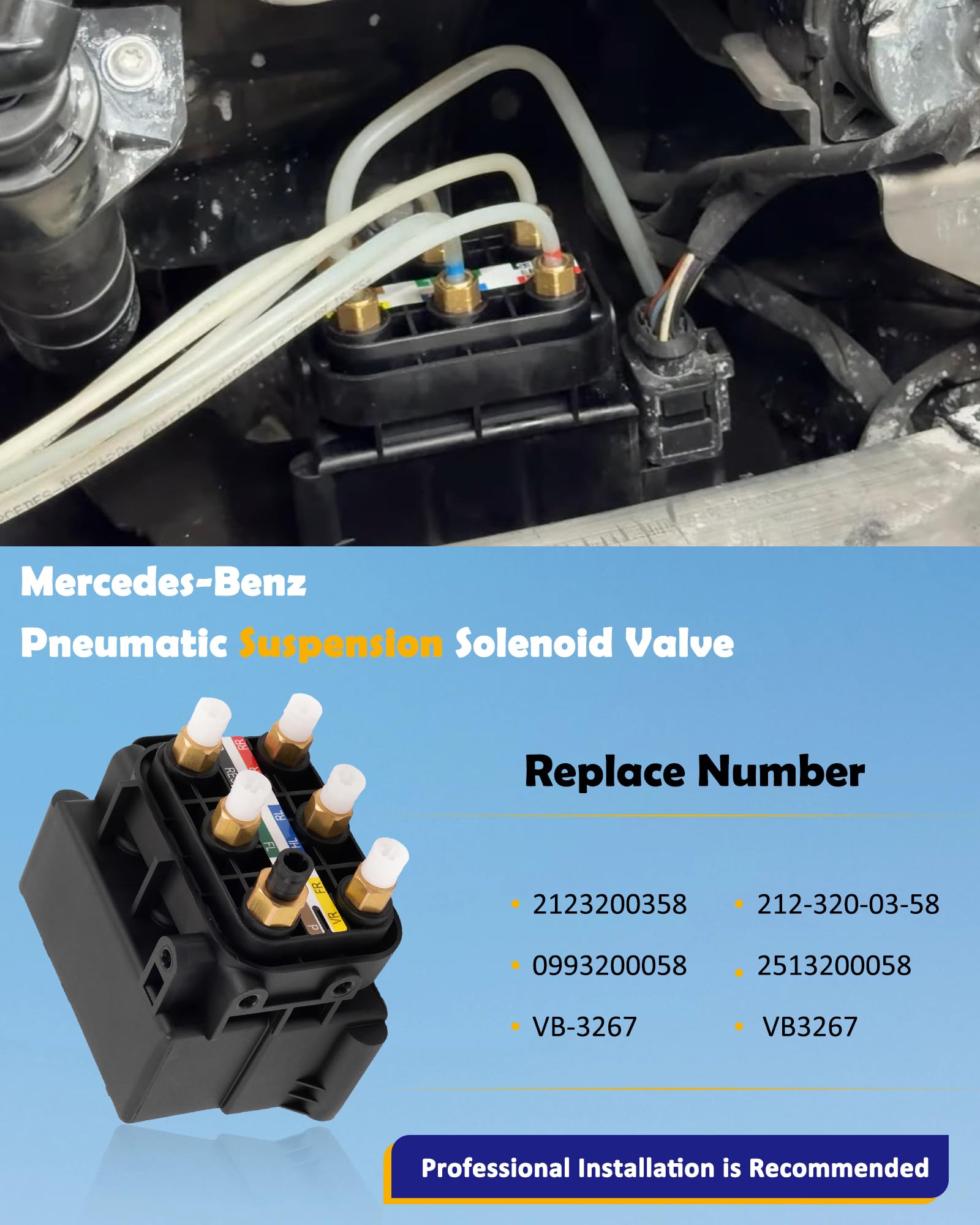 Humoony valve block installed in Mercedes showing restored ride height benefit