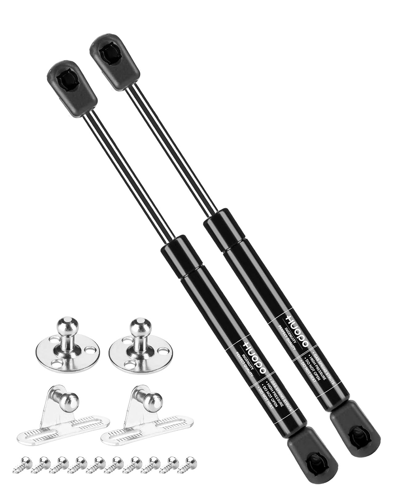 HUOPO front view of 10 inch gas struts showing included brackets and screws for easy replacement