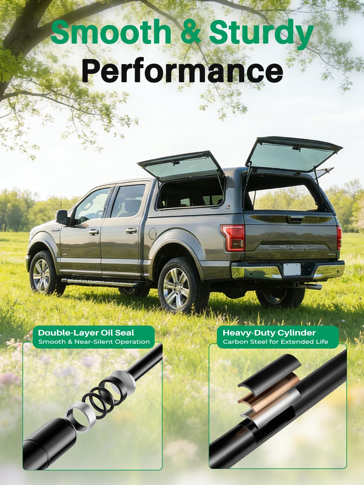 HUOPO strut supporting camper shell rear window open, illustrates hands-free convenience
