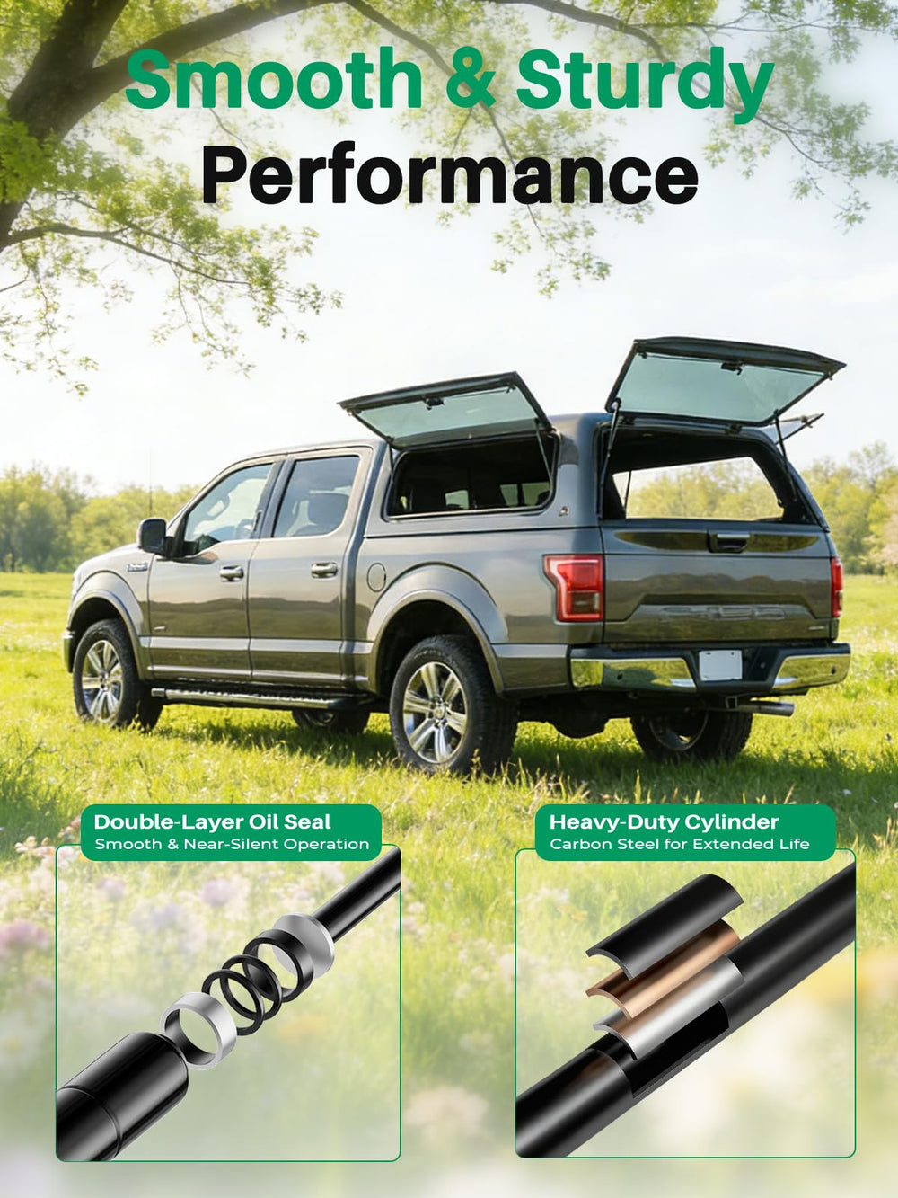 HUOPO strut supporting camper shell rear window open, illustrates hands-free convenience