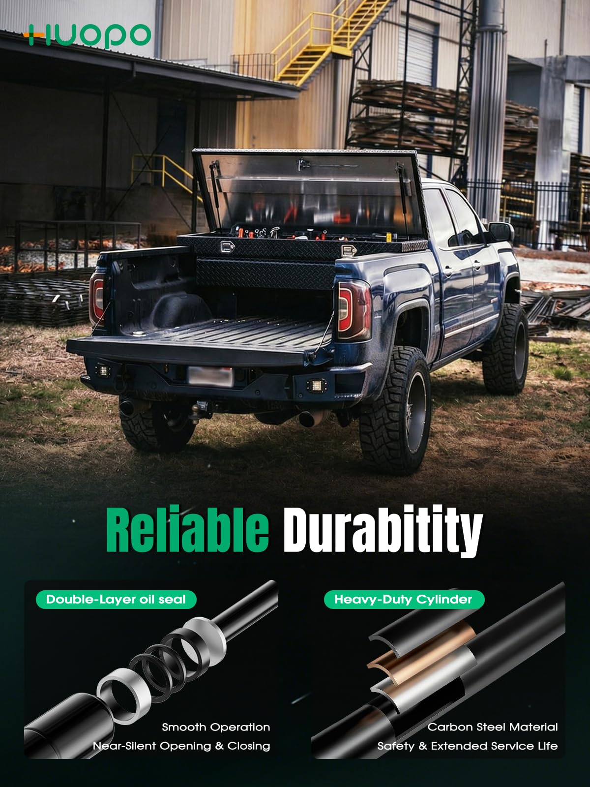 HUOPO gas strut installed on a toolbox lid illustrating controlled open position and safety