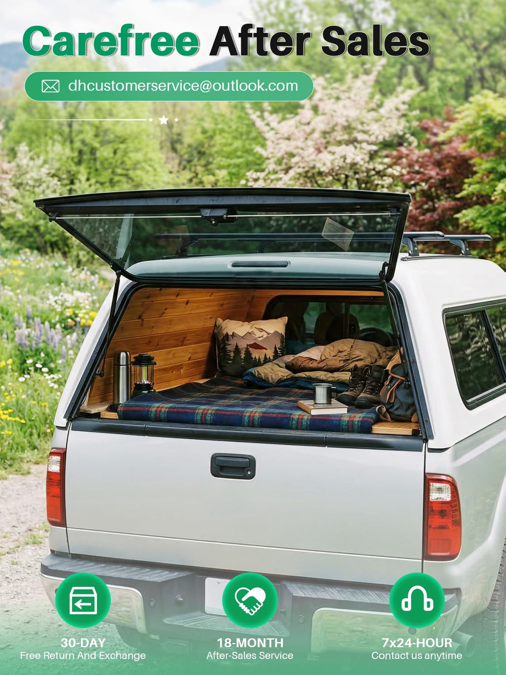 HUOPO strut supporting camper shell hood in lifestyle scene, outdoor-ready performance benefit