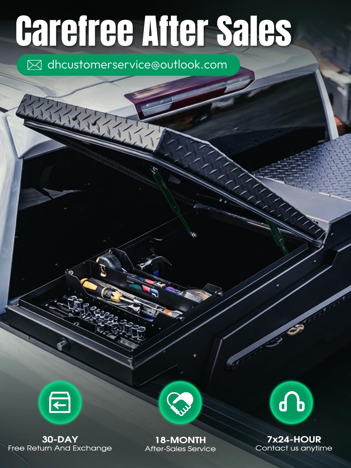 HUOPO gas strut supporting an RV compartment lid showing convenient hands-free access