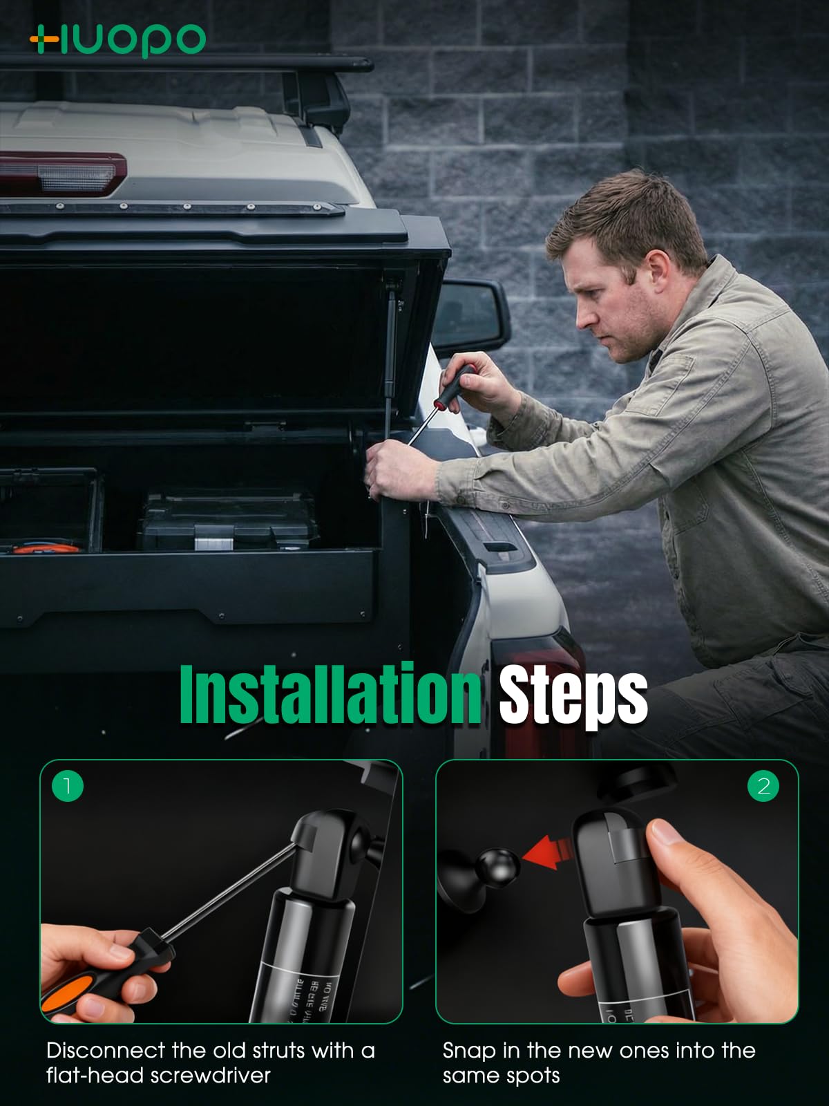 HUOPO gas strut extended length display showing 9.69 inch measurement for fit confirmation