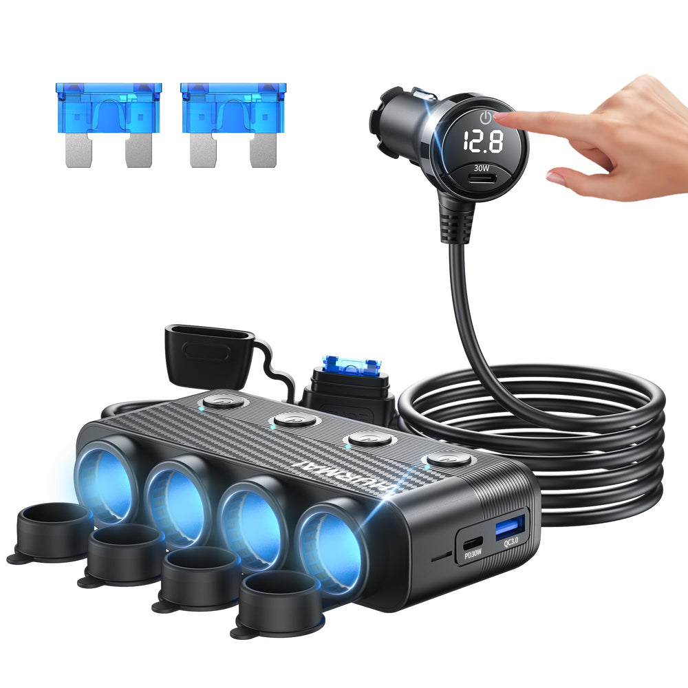HURMAI front view showing four sockets and three USB ports benefiting in-car power expansion