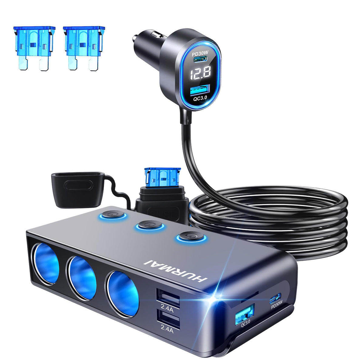 HURMAI front view showing three cigarette sockets and USB ports for multi-device charging