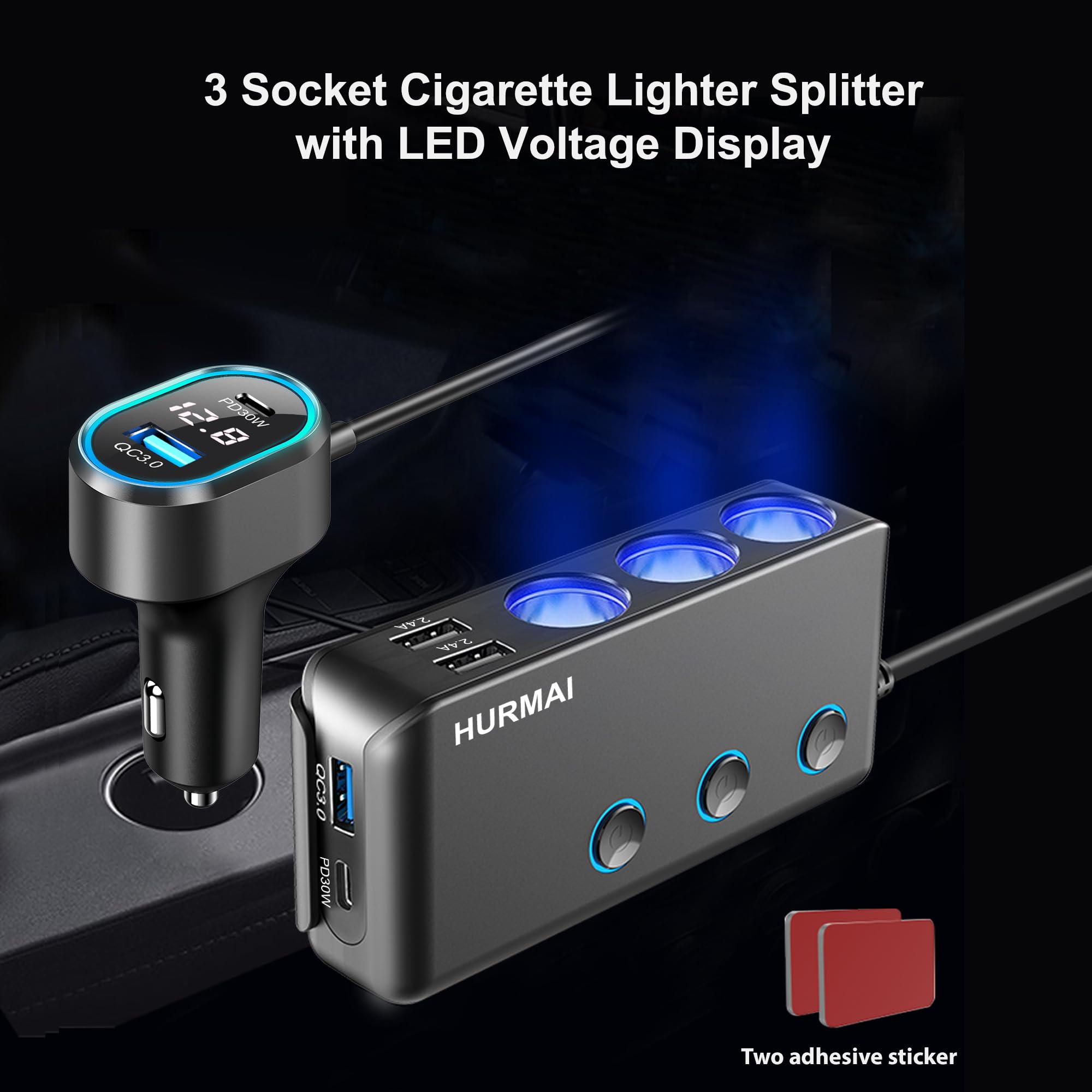 HURMAI adapter installed on a car dashboard providing organized power for devices