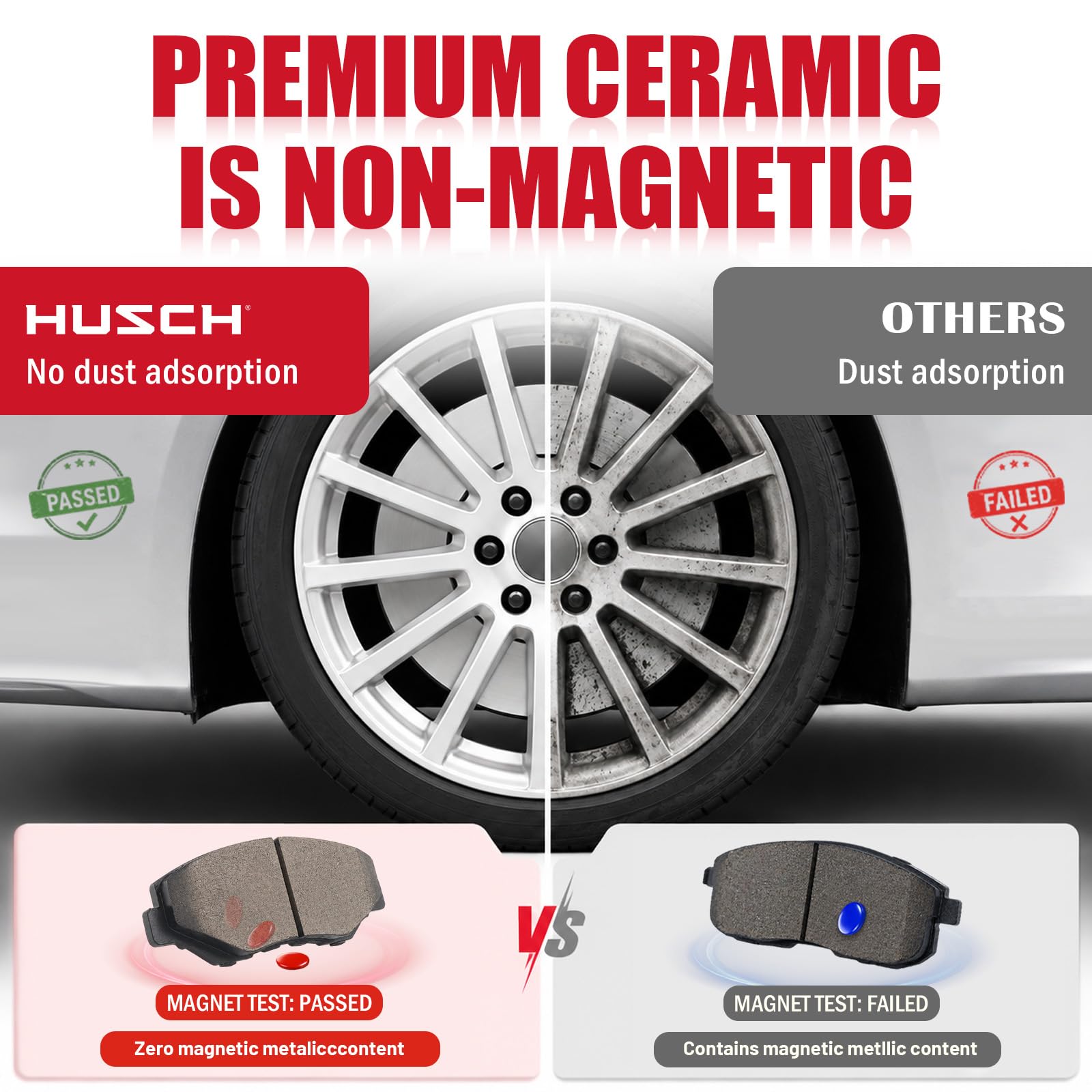 HUSCH brake pad next to magnet proving non-metallic ceramic advantage