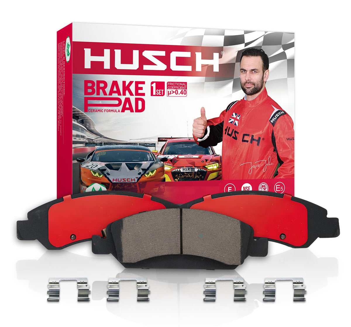 HUSCH front packaging showing brake pad kit and fitment benefits