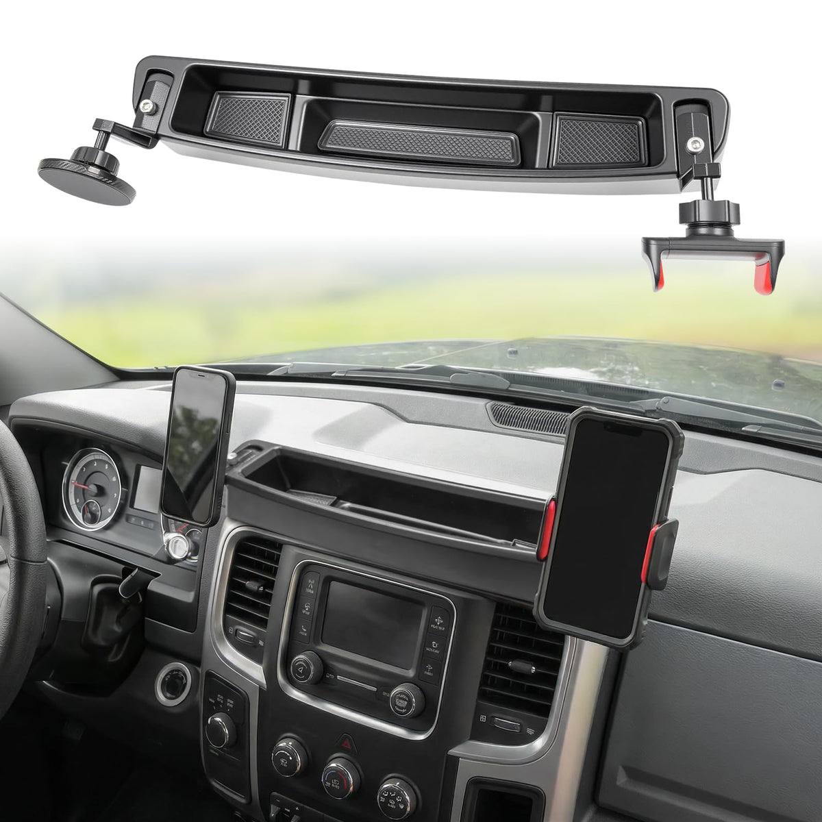 HUYINPJ front view installed in Ram dashboard shows tidy console and quick access