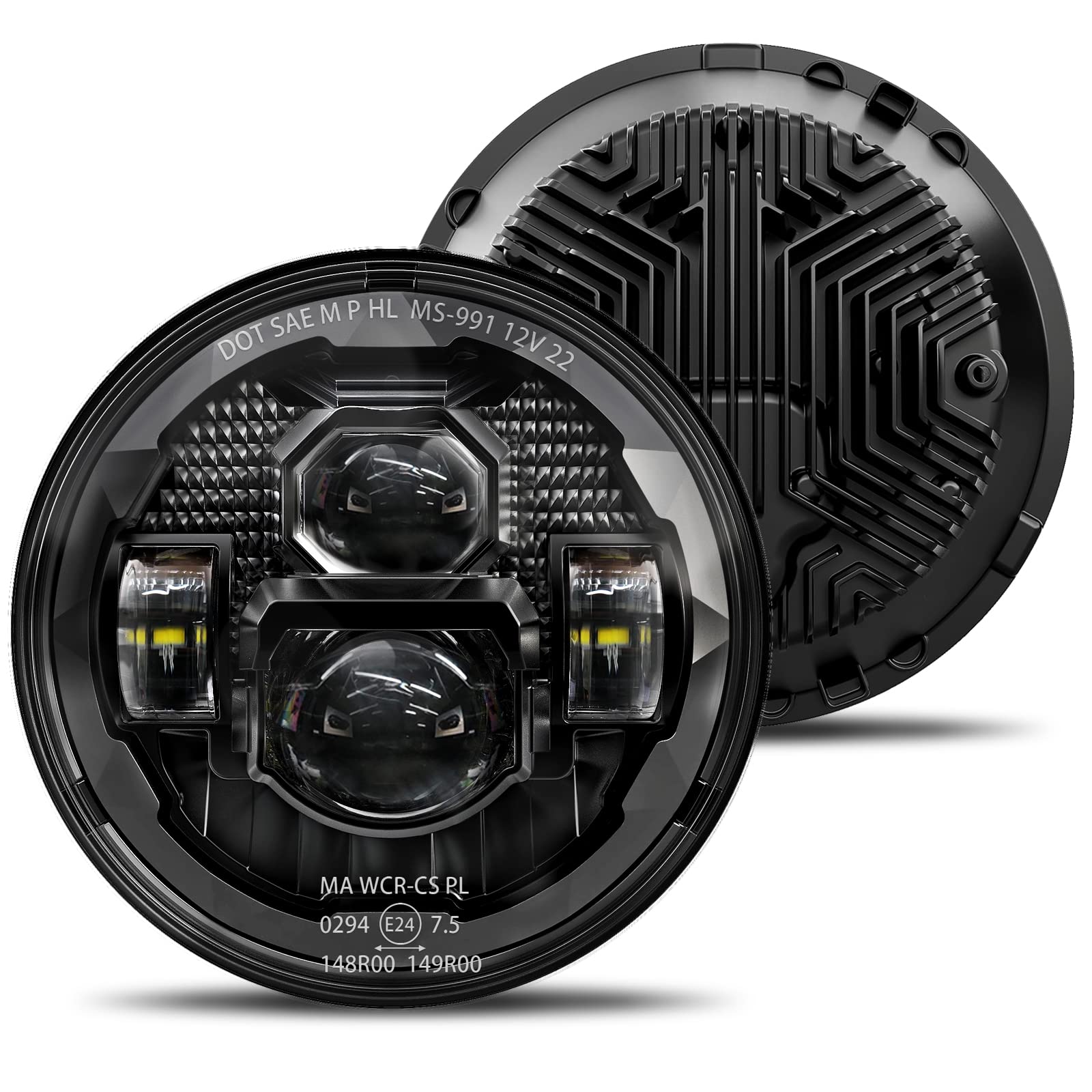 HWSTAR front view of 7-inch LED headlight showing clear beam lens and fitment benefit