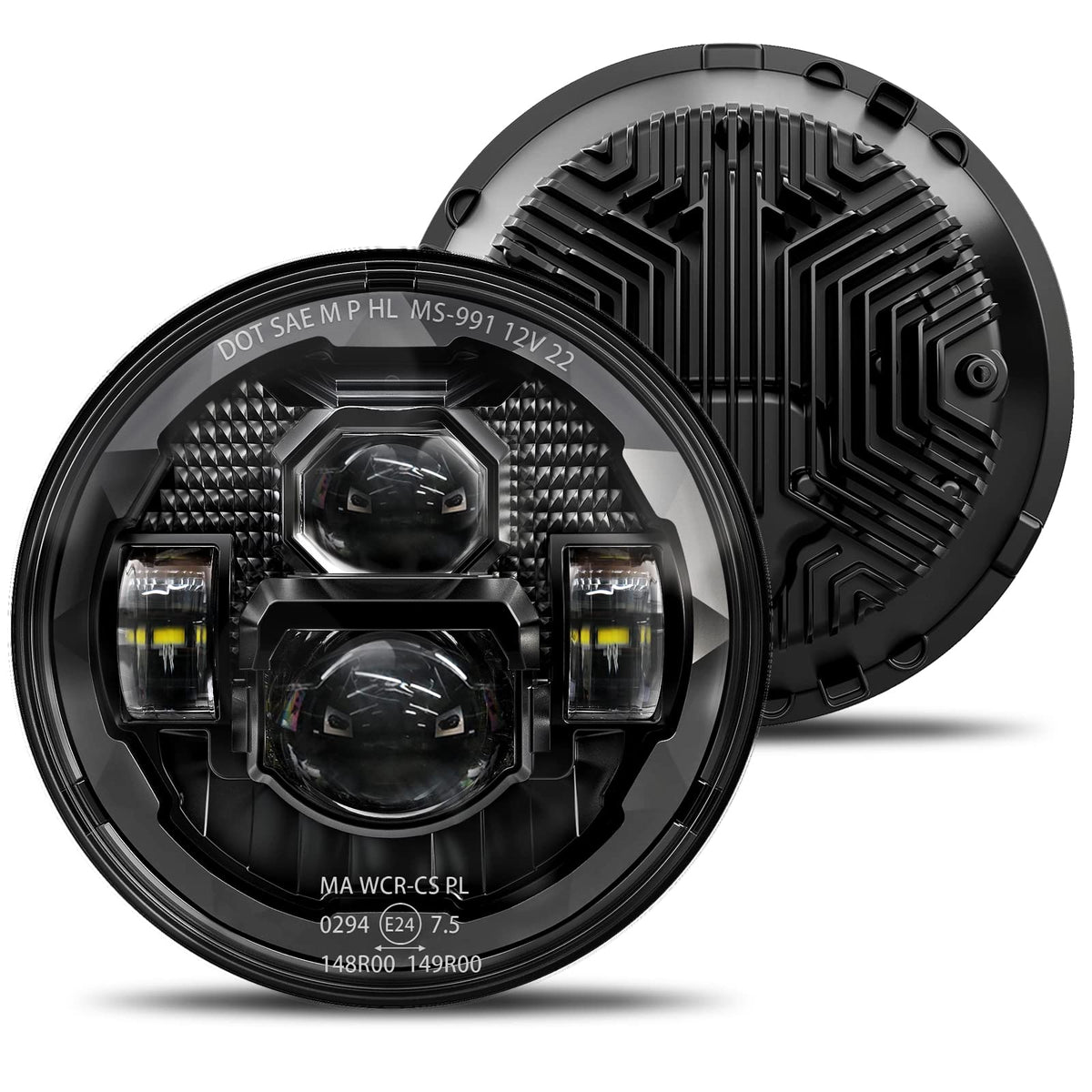 HWSTAR front view of 7-inch LED headlight showing clear beam lens and fitment benefit