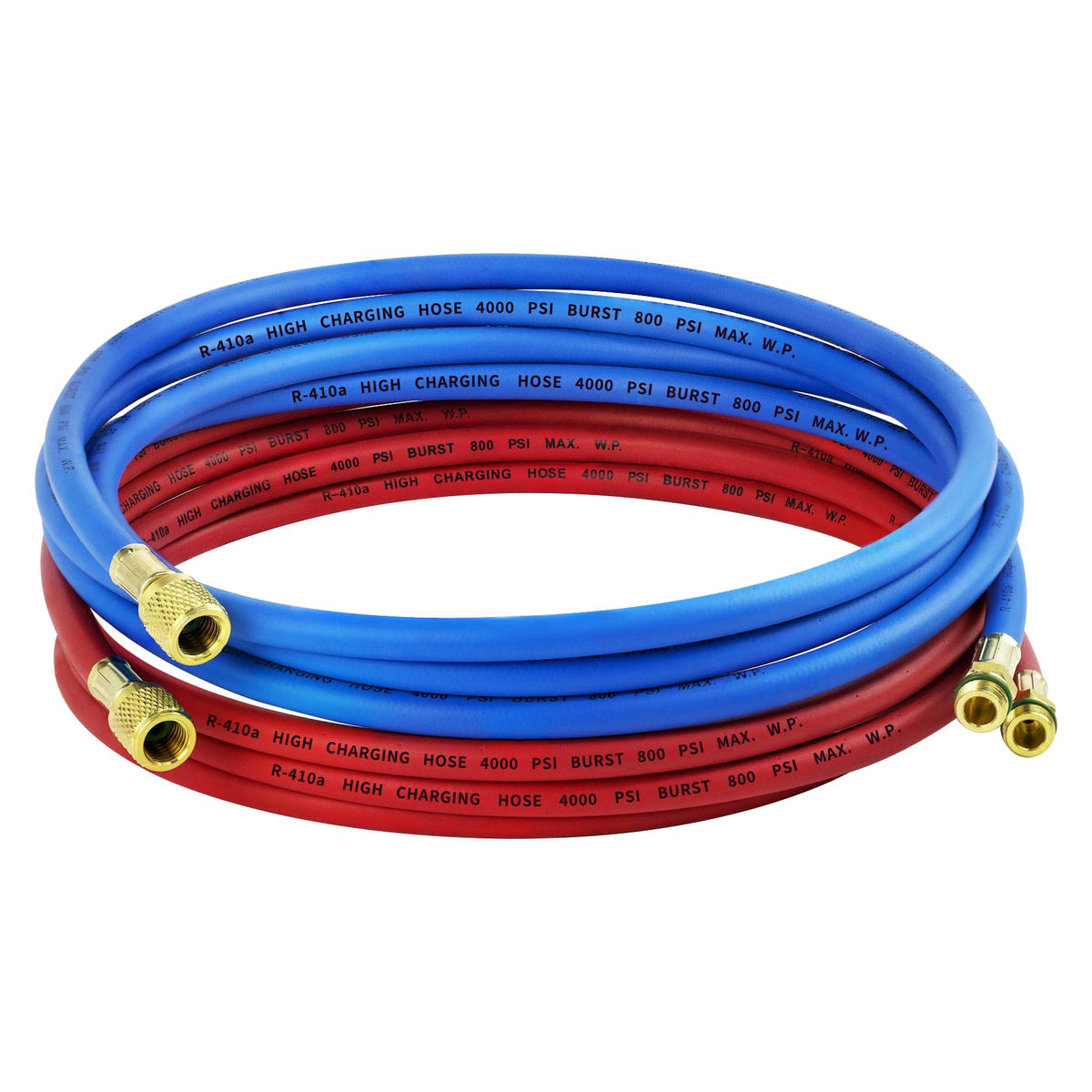 Hybrilis front packaging showing complete red and blue hose set, professional replacement benefit