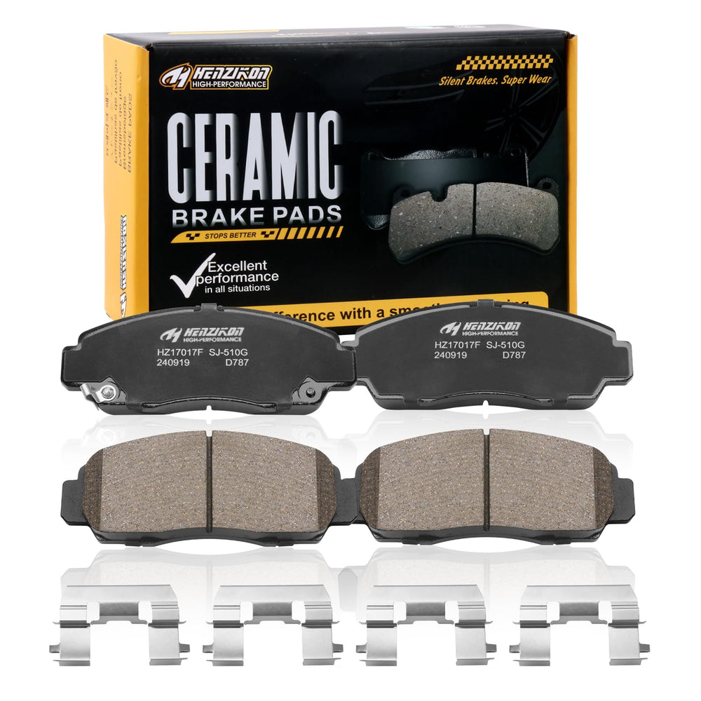 HYFTJYZ front brake pad set packaging showing contents and fitment benefits