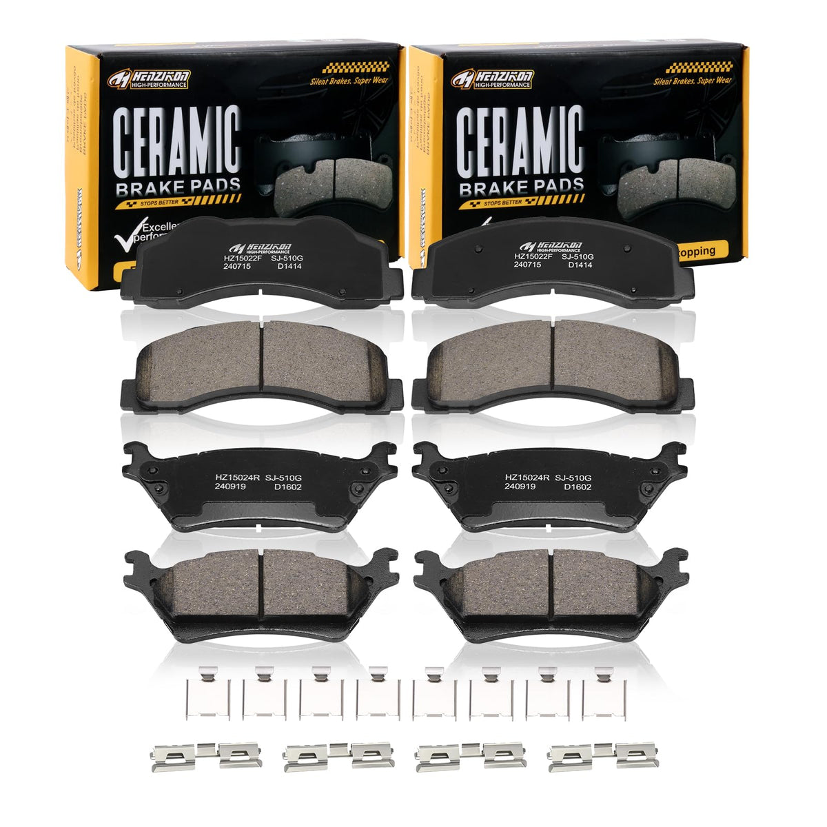 HYFTJYZ front pads packaging showing organized kit and easy install benefit