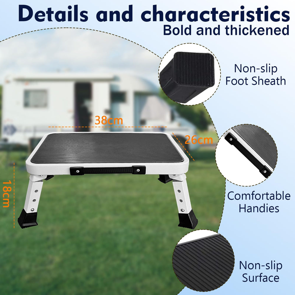 HYMIC step stool placed at RV doorway aiding safer entry and exit