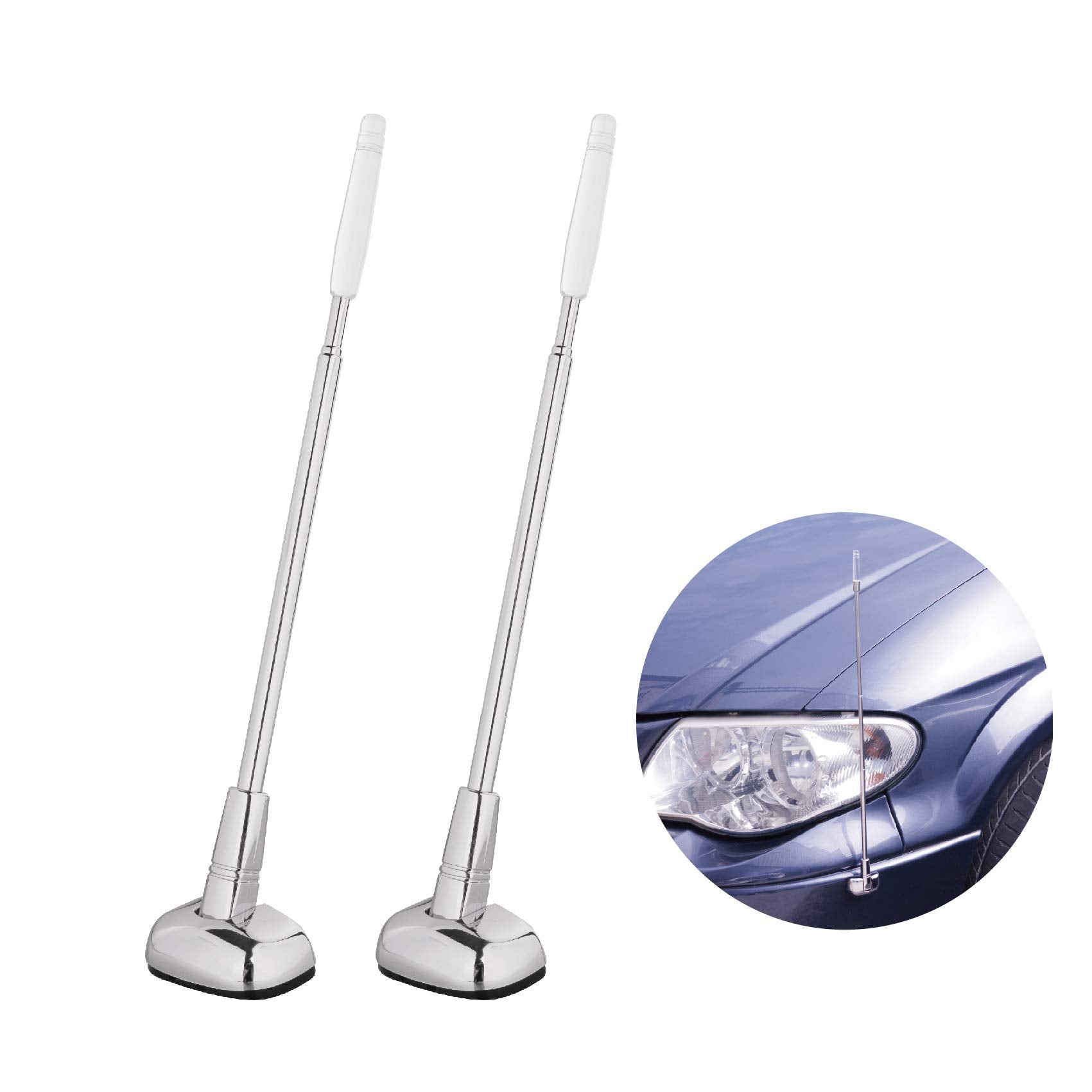 Hypersonic front view of two packaged bumper antenna poles showing included pair and packaging benefit