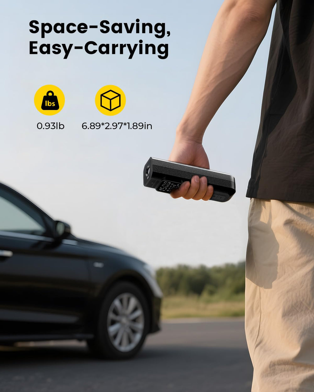 HYVOHEX inflating a car tire quickly showcasing fast, reliable pressure increase