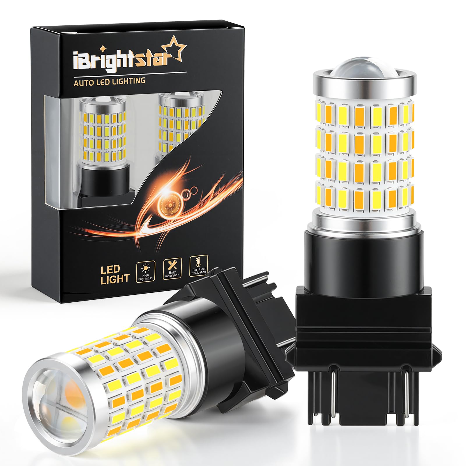 iBrightstar front view of switchback LED bulbs showing packaging and plug-and-play fit