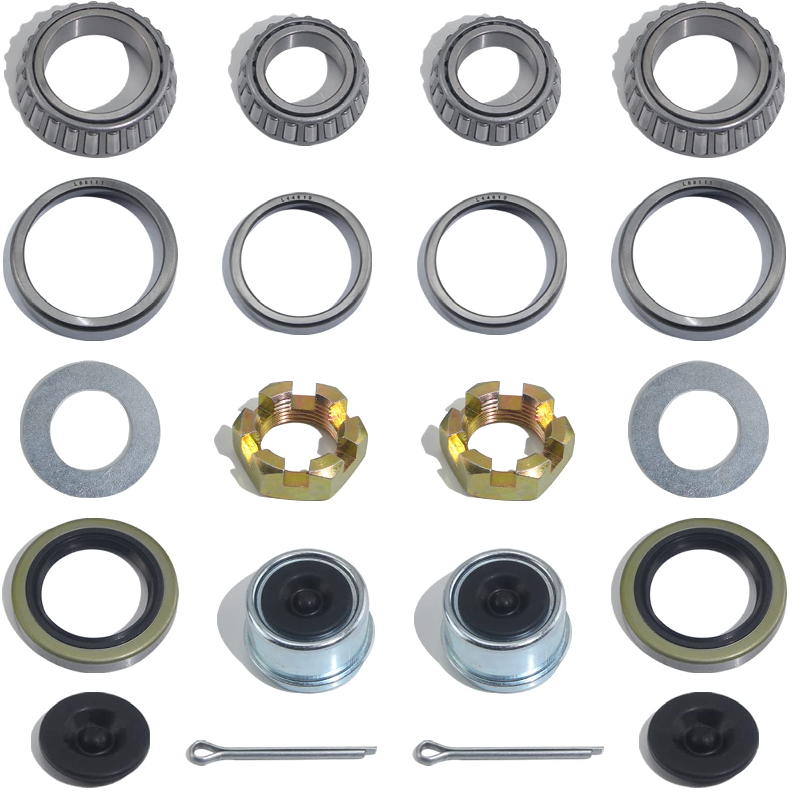 iBroPrat front view of two complete 20-piece bearing kits showing included hardware and benefits