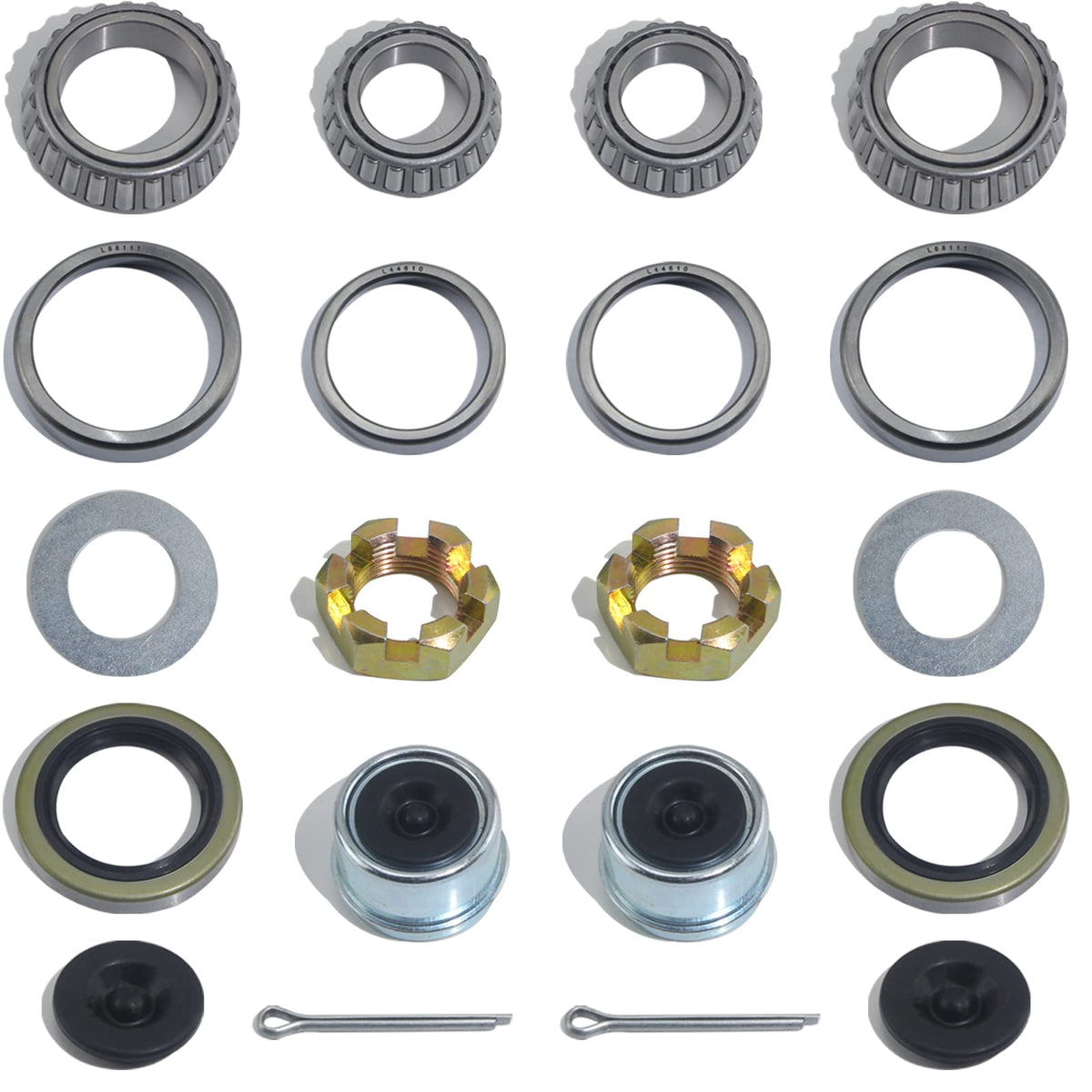 iBroPrat front view of two complete 20-piece bearing kits showing included hardware and benefits