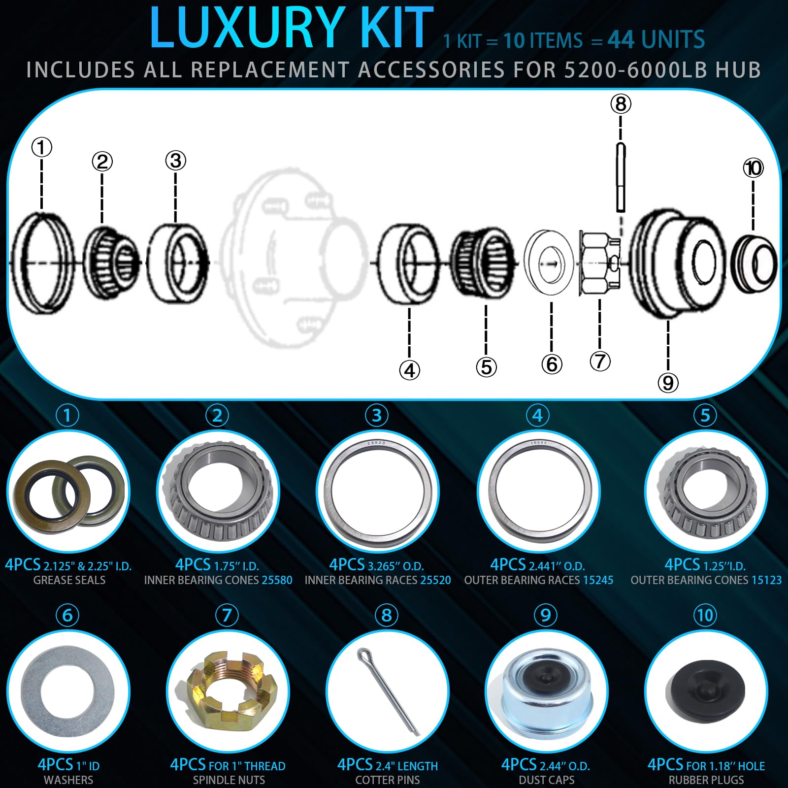 iBroPrat layout of both 2.125" and 2.25" seals plus nuts and cotter pins for versatility