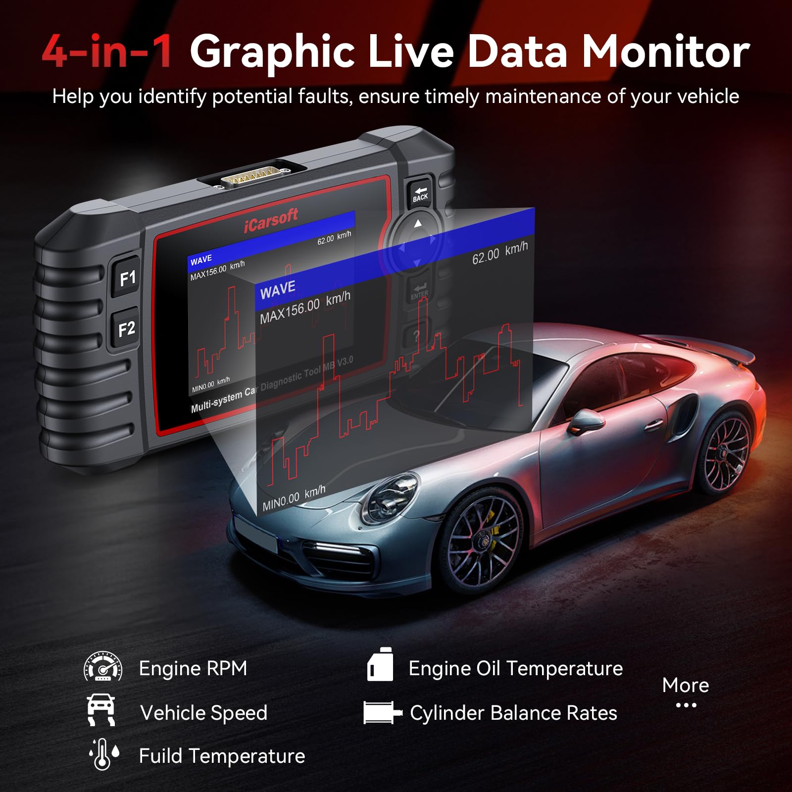 iCarsoft MB V3.0 with included cables and adapters for broad vehicle compatibility