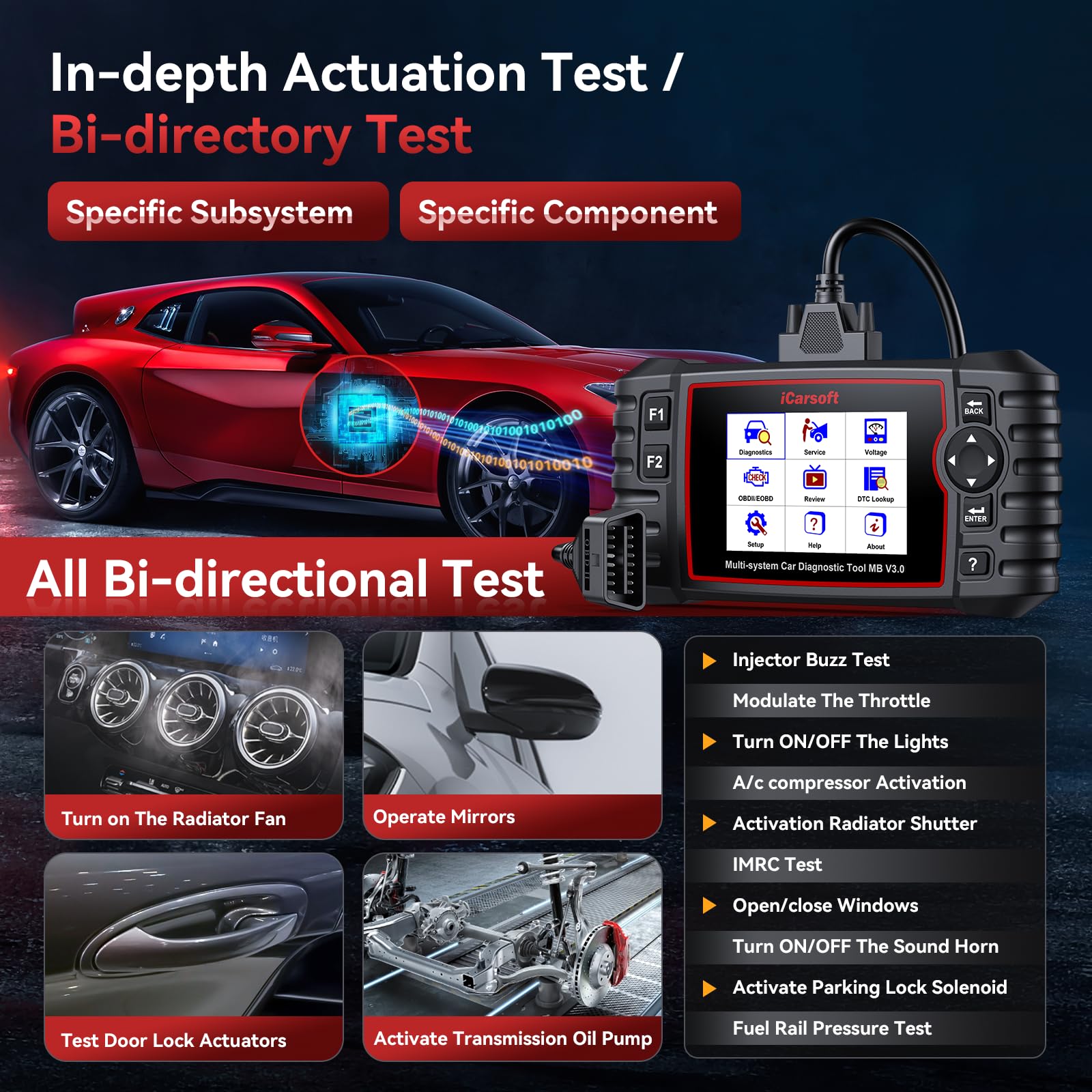iCarsoft MB V3.0 rear ports and connectors demonstrating quick vehicle hookup