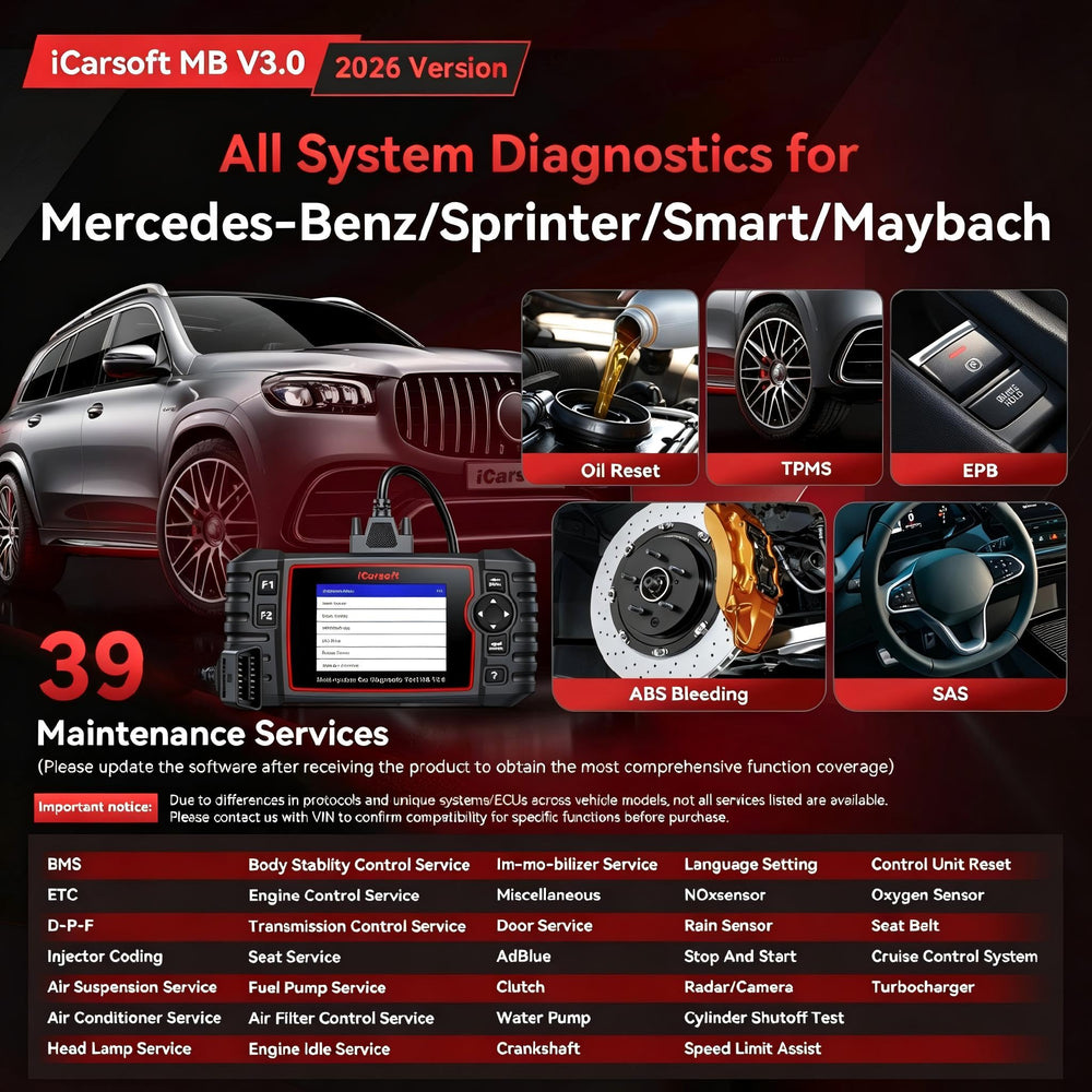 iCarsoft MB V3.0 connected to Mercedes OBD2 port enabling fast system scans