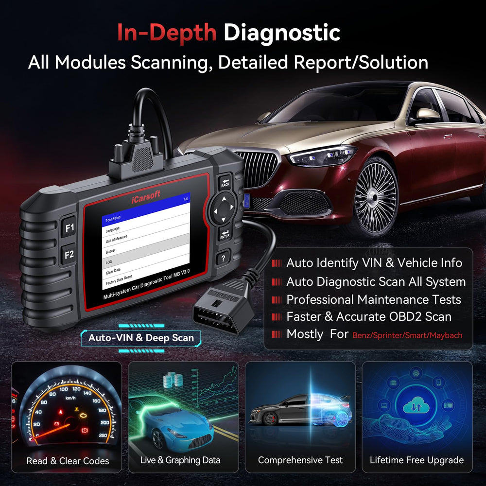 iCarsoft MB V3.0 screen with live data graph showing real-time diagnostics