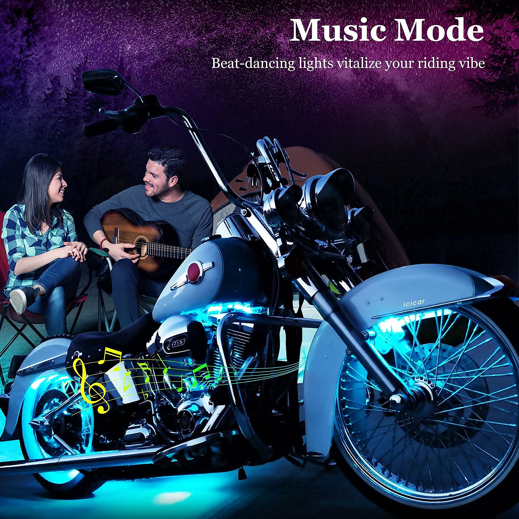 icicar installed under motorcycle chassis providing stylish nighttime visibility