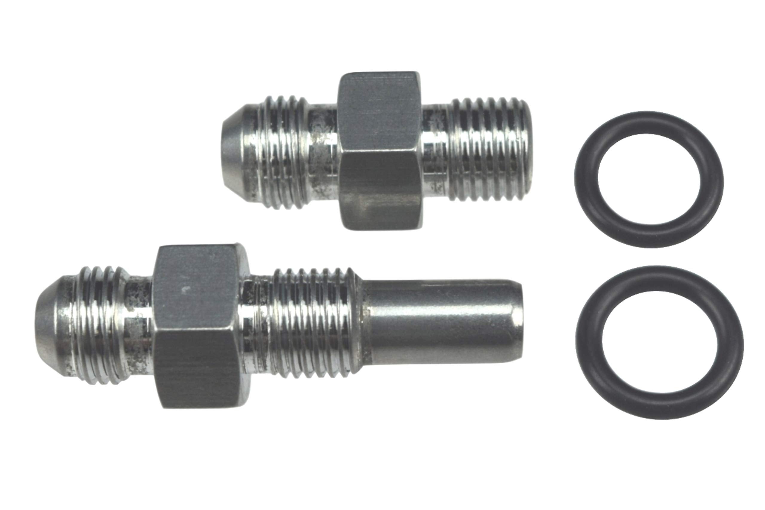 ICT Billet front and rear adapter fittings showing profile and included O-rings, ensures reliable AN connection