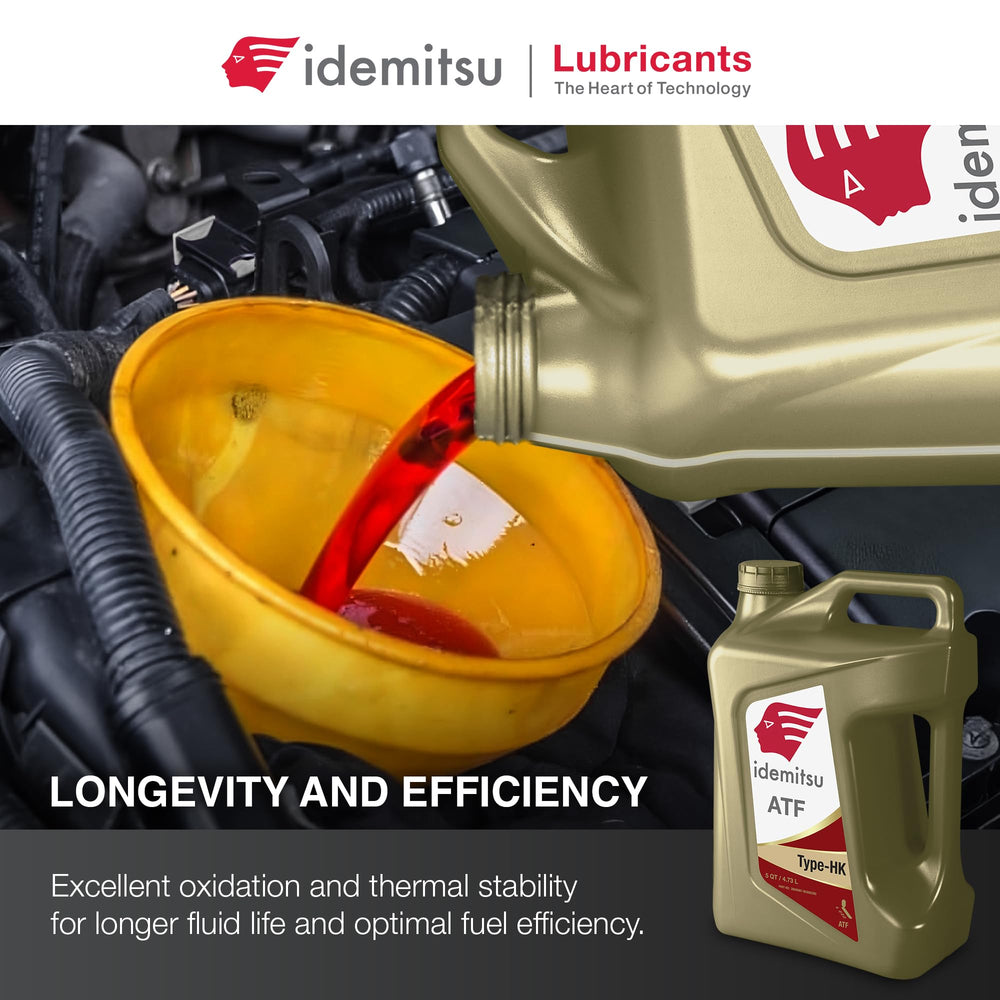 Idemitsu container next to open transmission bay illustrating proper refill benefit
