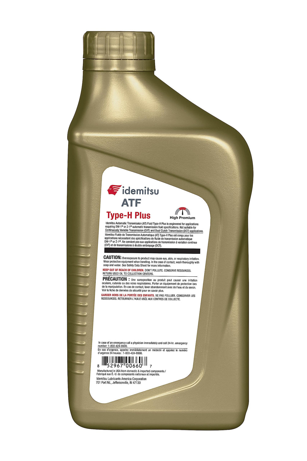 Idemitsu ATF Type H-Plus label close-up highlighting specifications and compatibility benefit