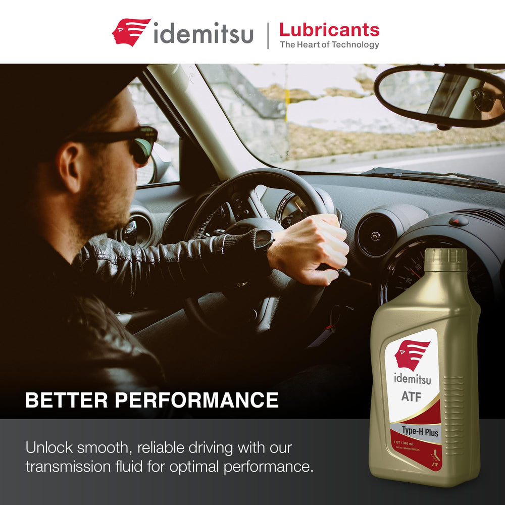 Idemitsu ATF Type H-Plus on garage shelf with tools implying professional-ready performance benefit