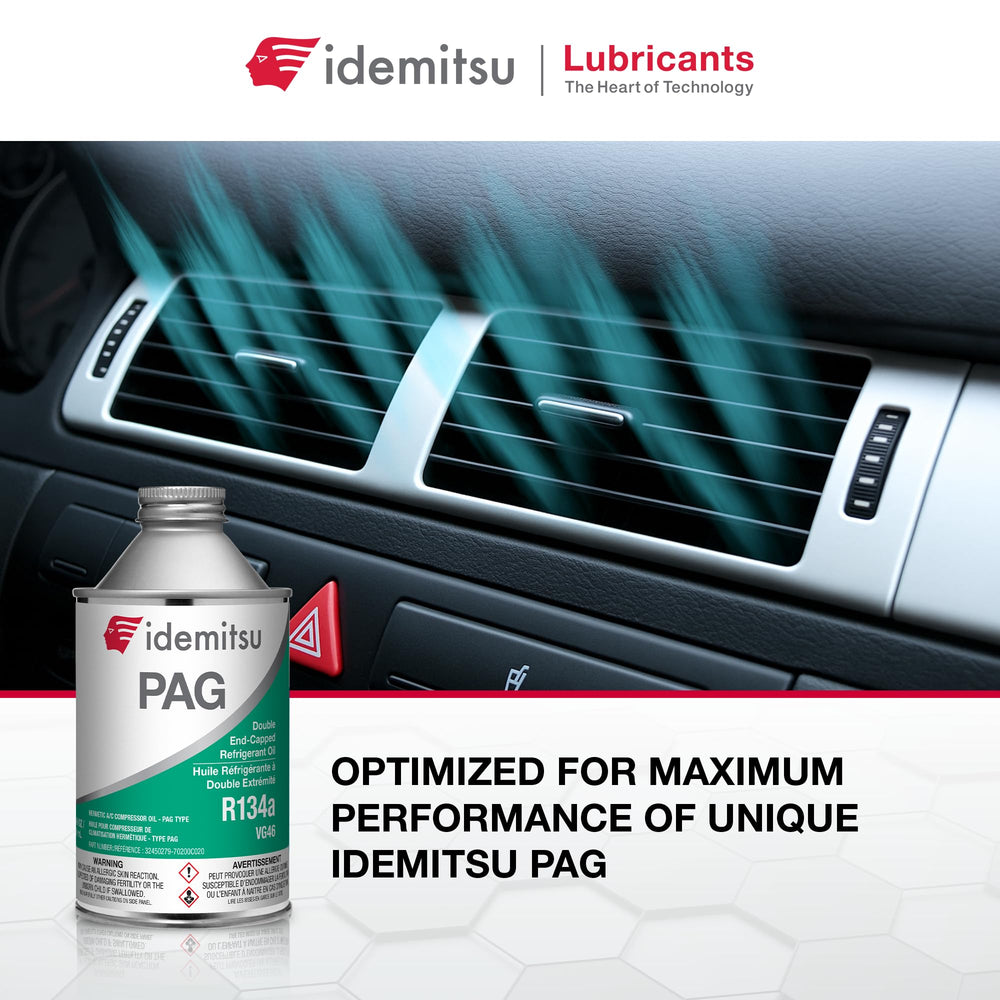 Pouring Idemitsu PAG 46 into compressor port illustrating easy application