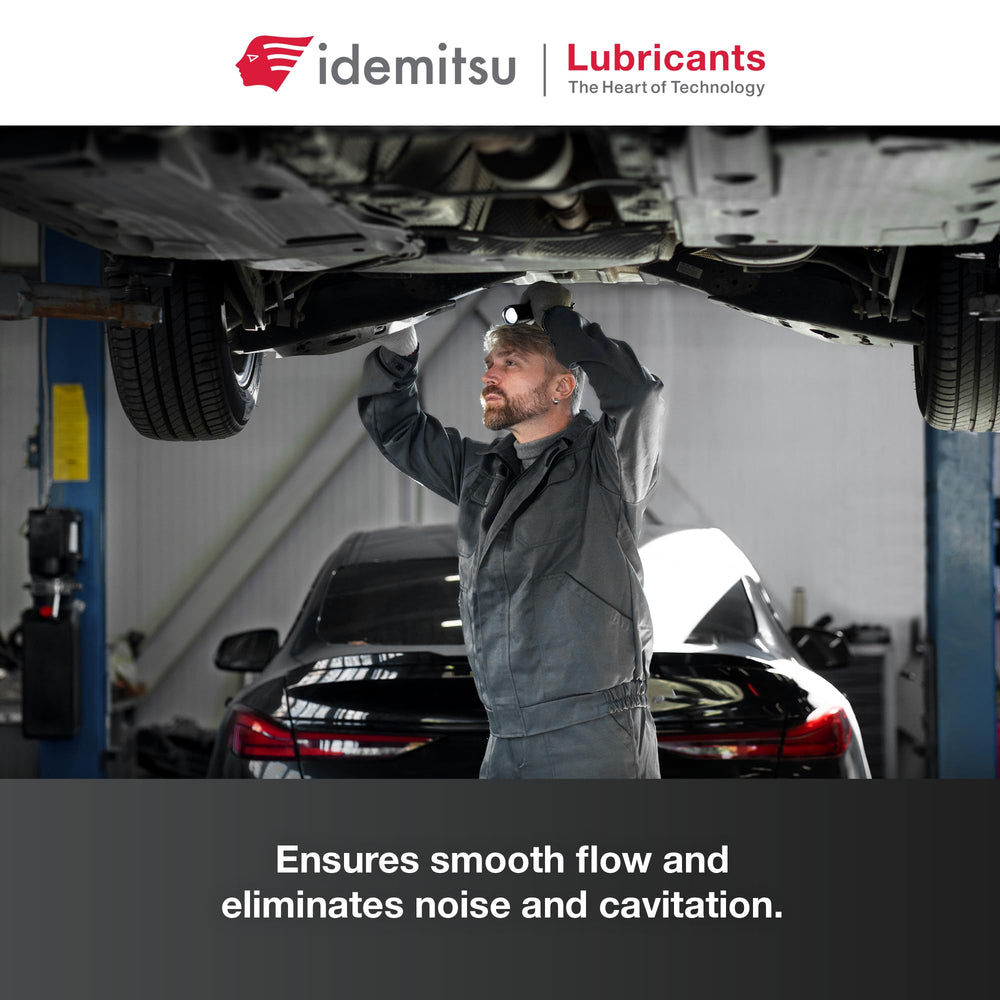 Idemitsu bottle beside steering pump in service bay illustrating protection