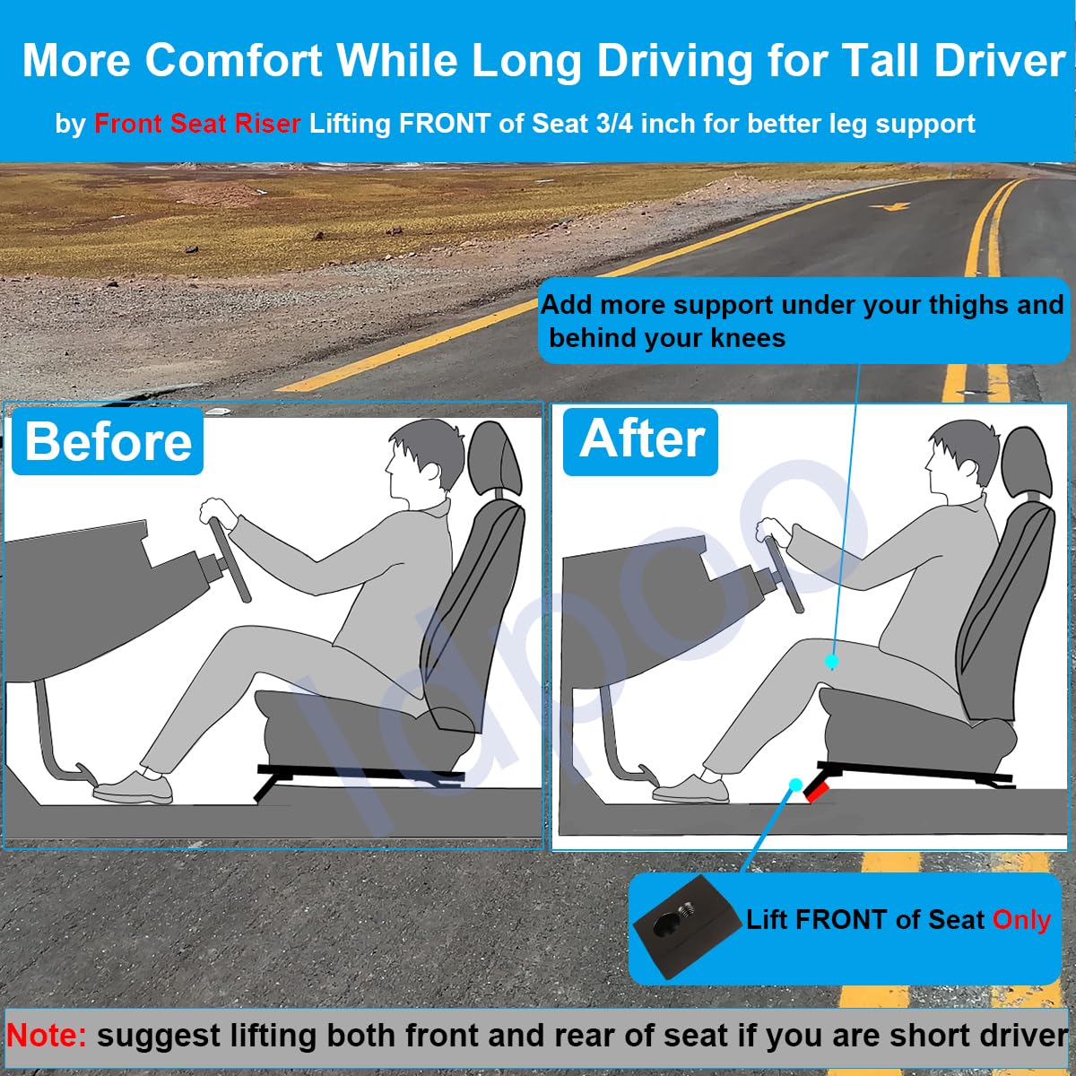 Idpoo installed seat riser on driver side demonstrating raised seating angle benefit