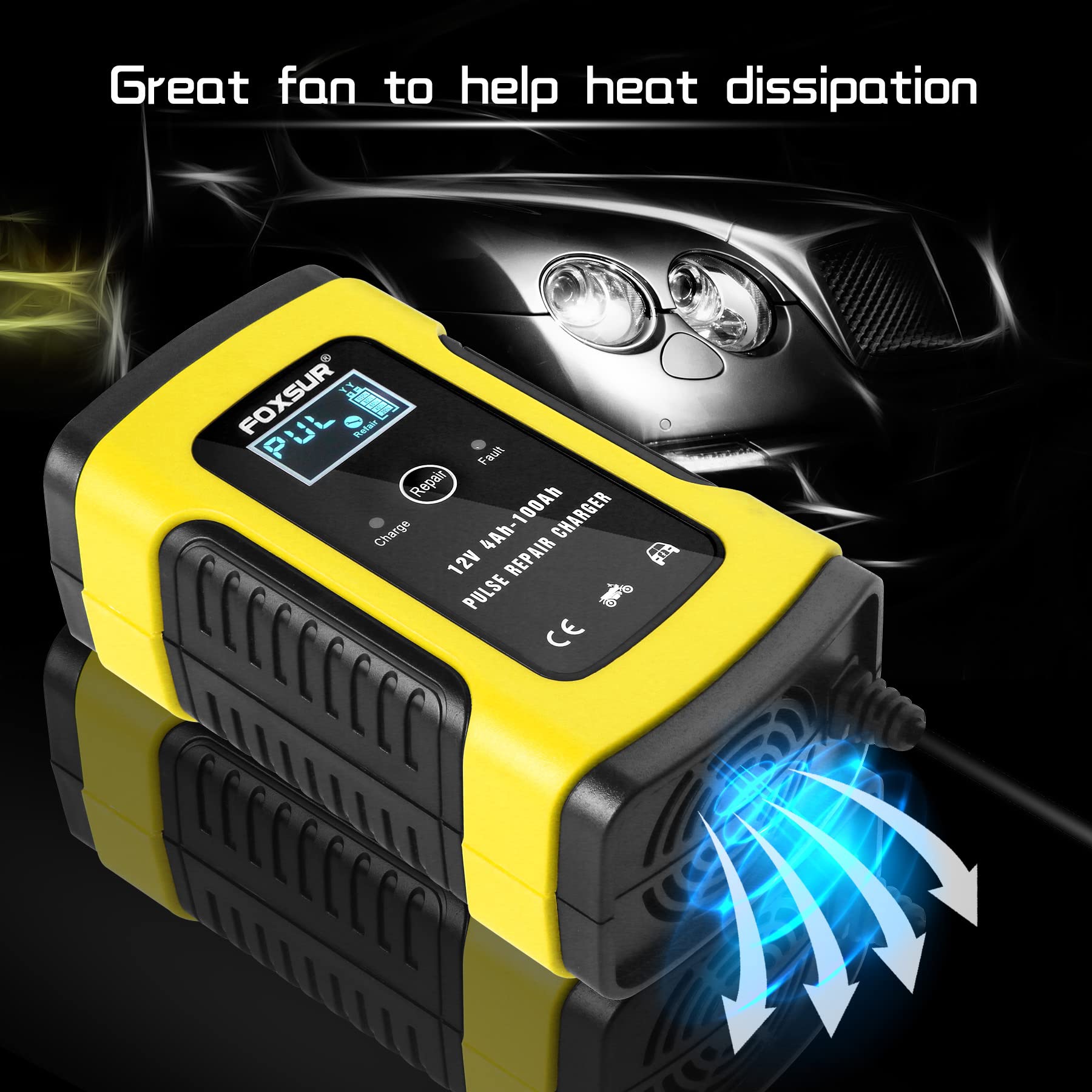 IEIK charger in garage setting showing versatile use for vehicles and equipment
