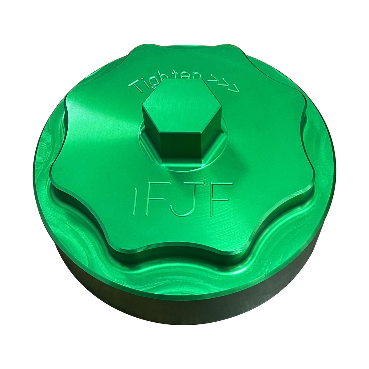 iFJF front view of green fuel filter cap showing fit and finish for reliability