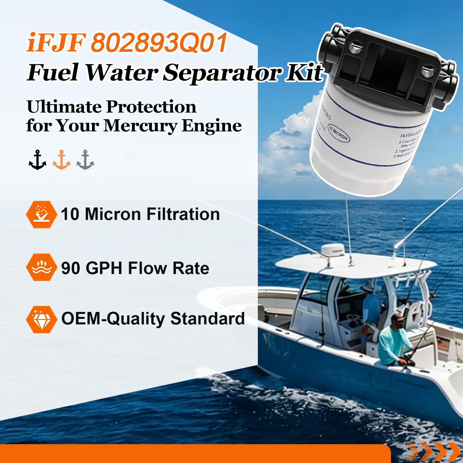 iFJF filter installed on a Mercury engine, demonstrating compatibility and secure fit