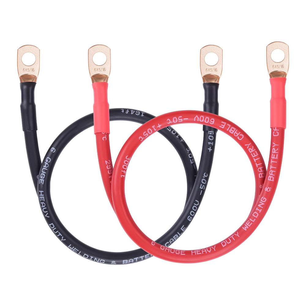 iGreely 6 AWG red and black cable pair showing front view and benefits of ready-to-install lugs