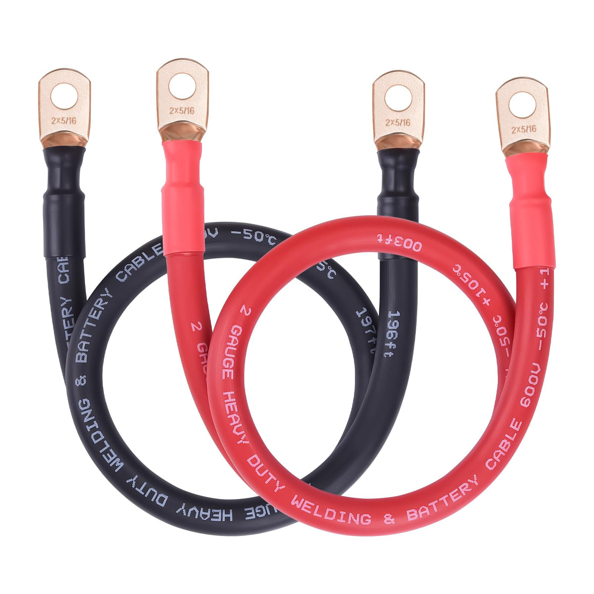 iGreely front view of 2 AWG red and black cable pair showing packaging and length