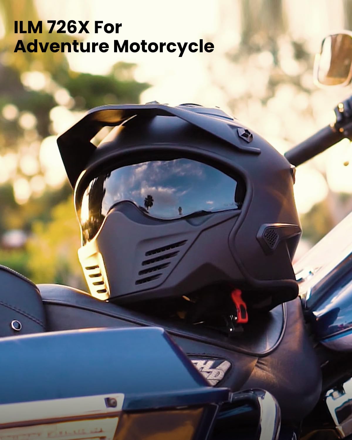 ILM helmet quick-release buckle visible for fast on and off