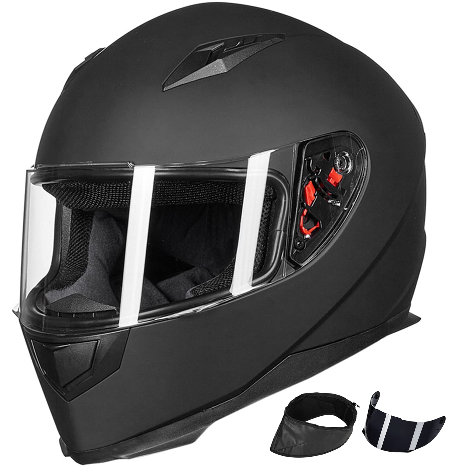 ILM full face helmet front view showing matte black finish and clear visor, stylish protection