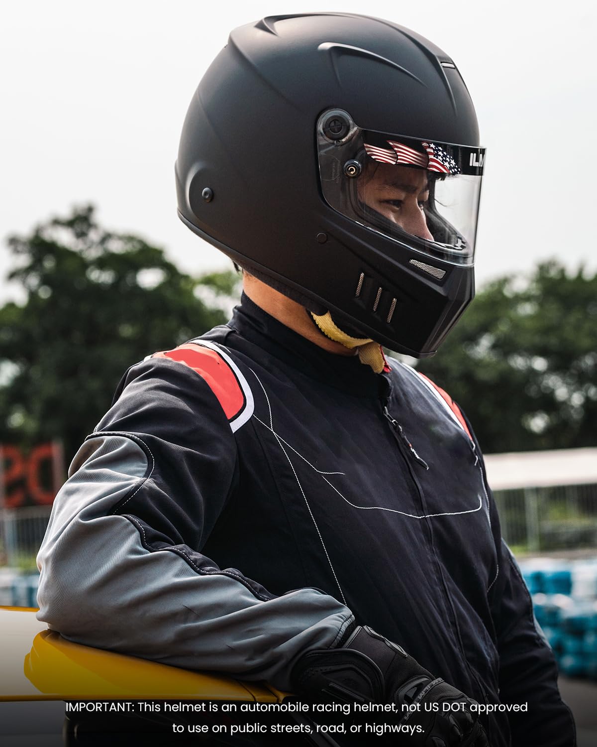 ILM Snell double D-ring chin strap detail ensuring reliable retention on track