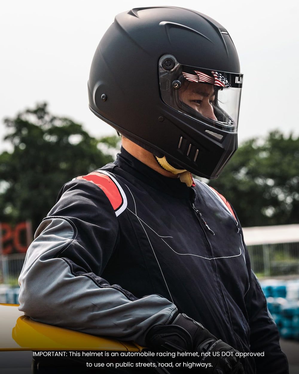 ILM Snell double D-ring chin strap detail ensuring reliable retention on track