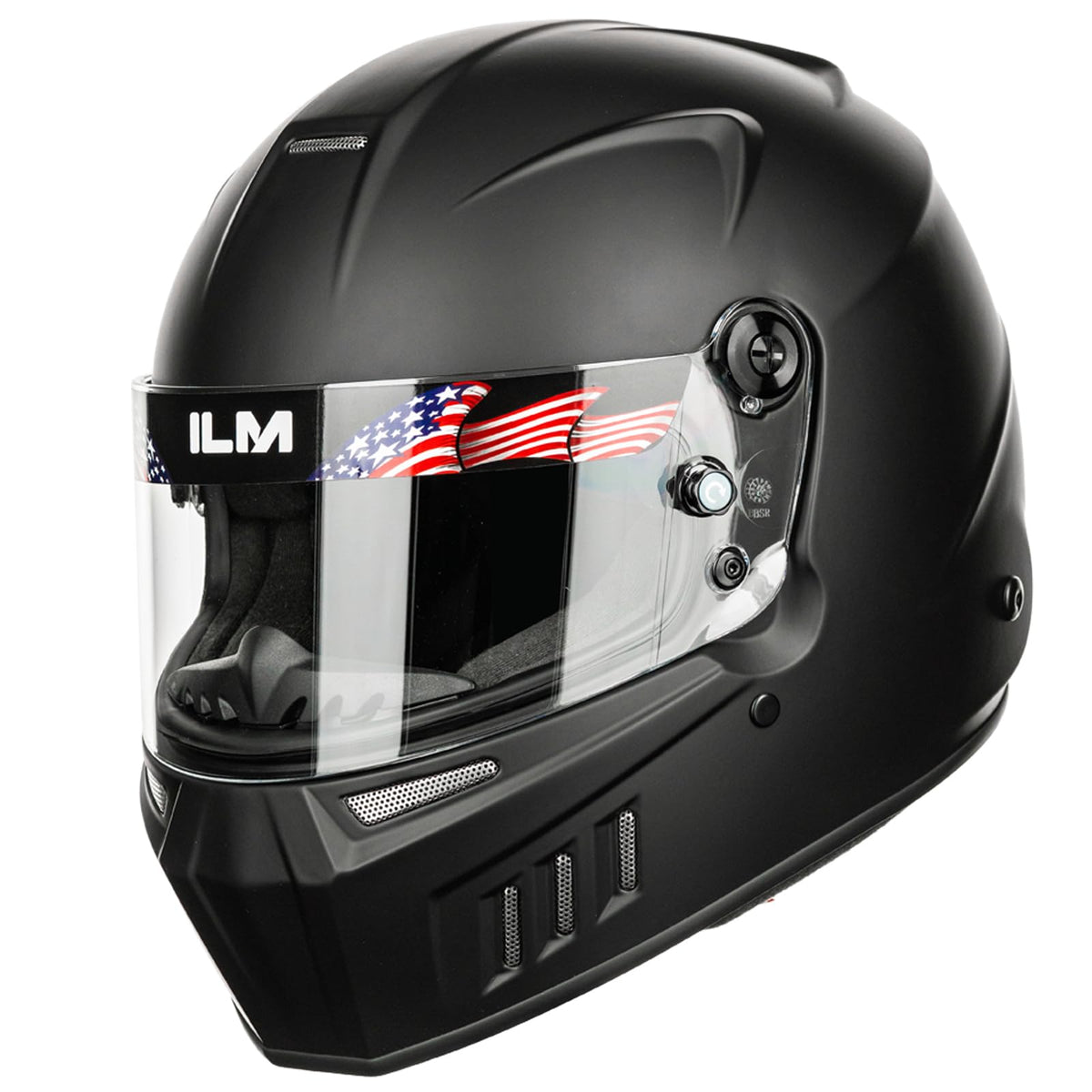 ILM Snell helmet front view showing aerodynamic shell and secure fit benefit